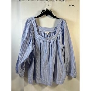 Terra & Sky Womens 3X Blue White Striped Square Neck Woven Top NWT 24W-26W